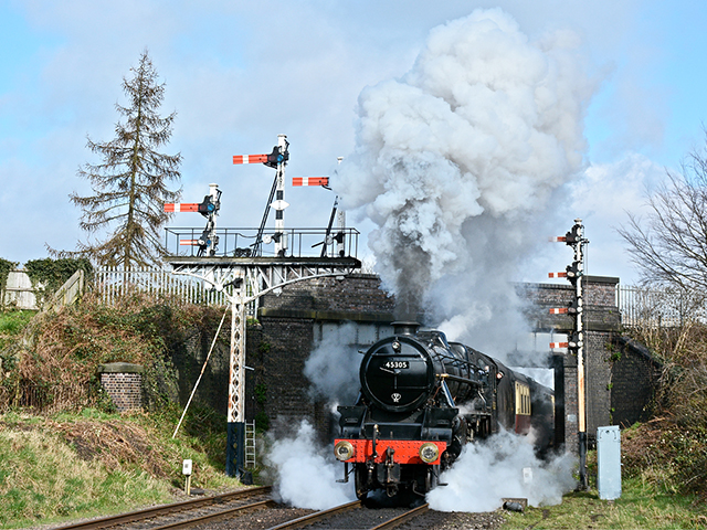Join us for a day with BR-liveried Black Five 45305 hauling alternately vans and a mixed goods set